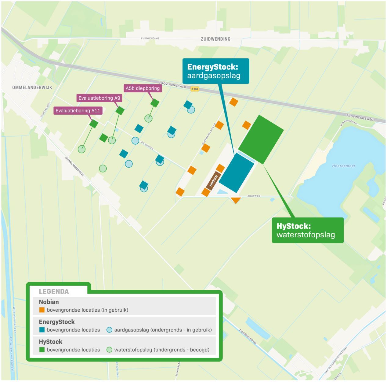 Kaart EnergyStock aardgasopslag en evaluatieboringen Zuidwending
